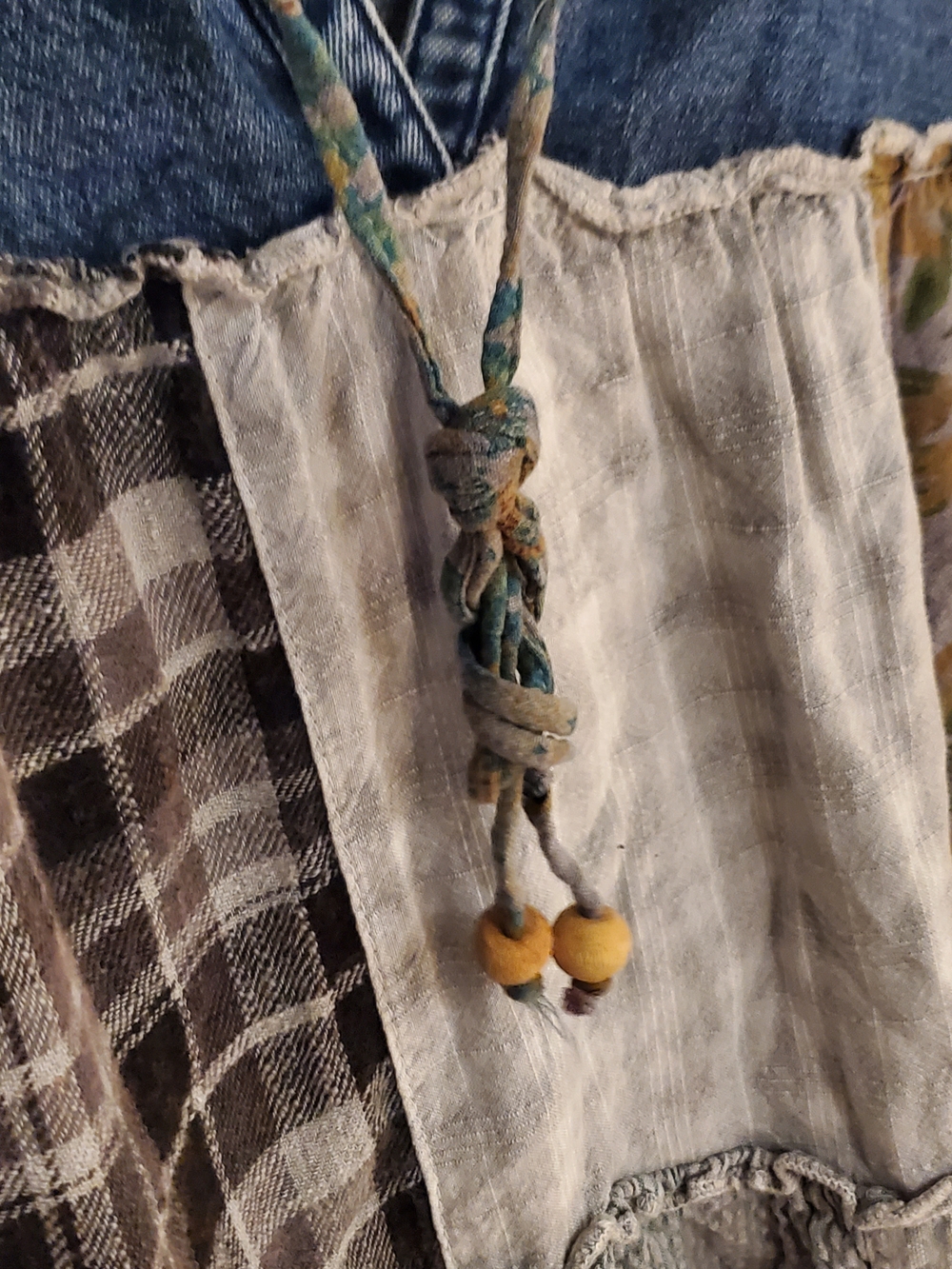 Patchwork Denim Tunic Top Blue Olive Ruffle Western Country Cottagecore Rodeo - Picture 6 of 12